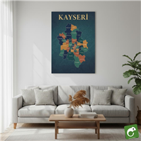 Kayseri il ve ilçe haritası kanvas tablo, modern duvar dekorasyonu